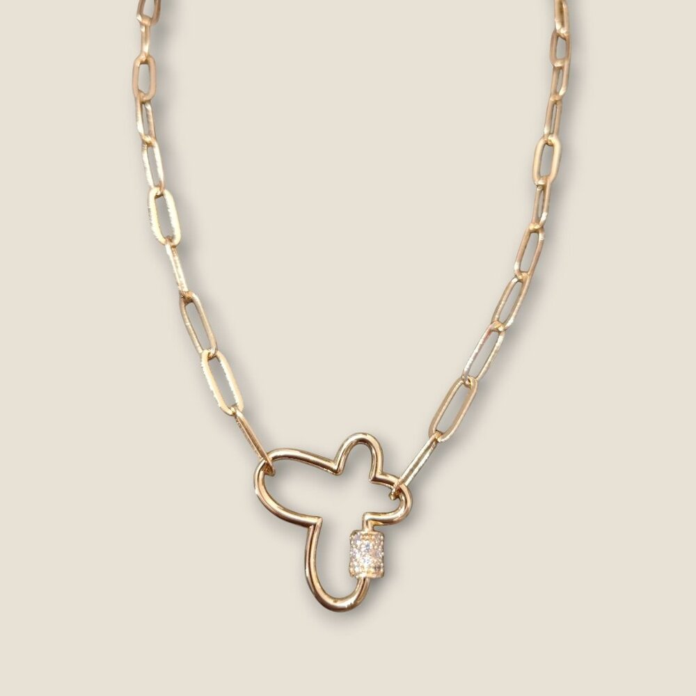 Gold Paper Clip Chain Necklace W/ Butterfly Pendant & Crystal Accents 18" + 2" E